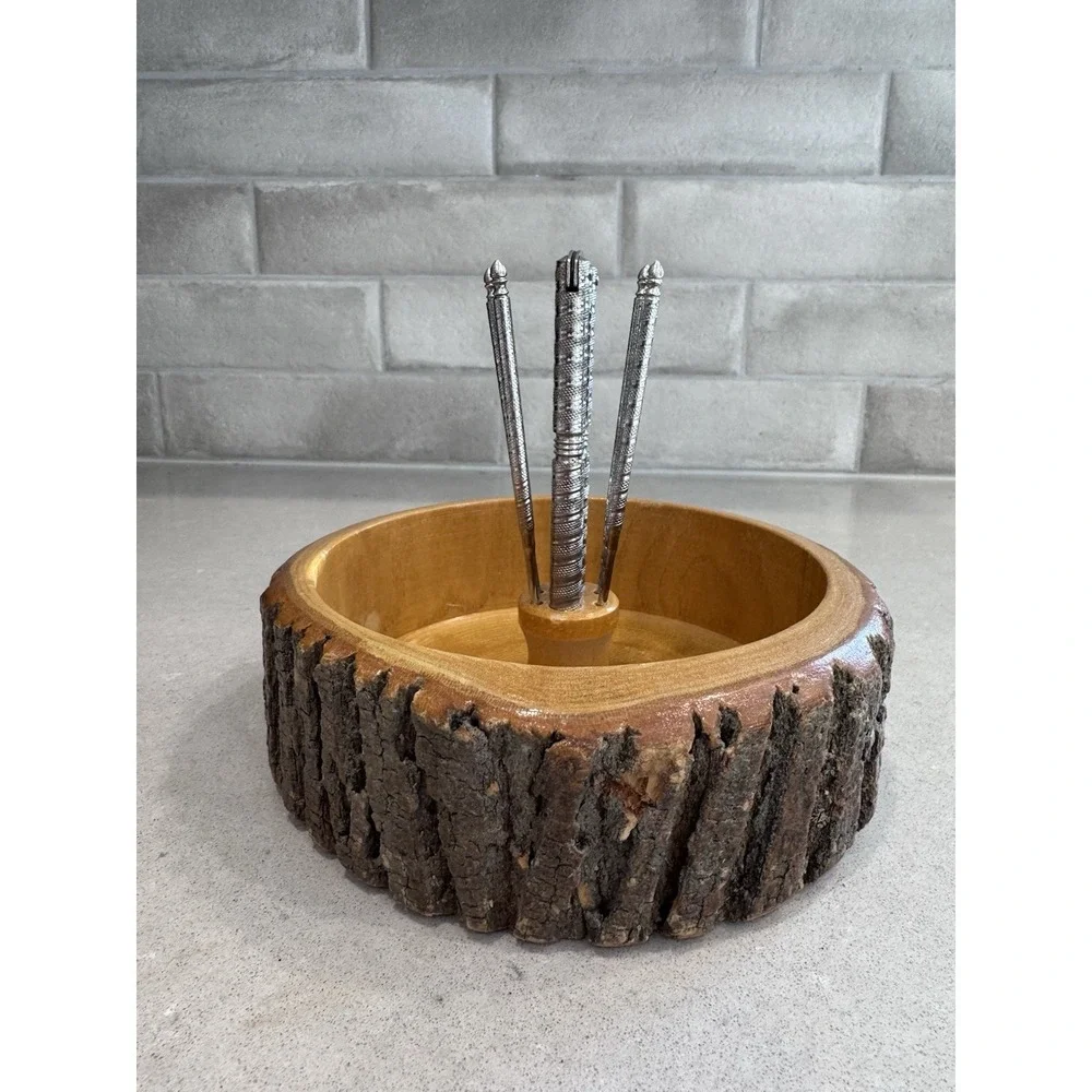 Ellwood Rusticware Vintage Wood Nut Bowl With Nutcracker And 4 Picks